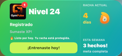 Widget de GymPulse con racha y progreso semanal